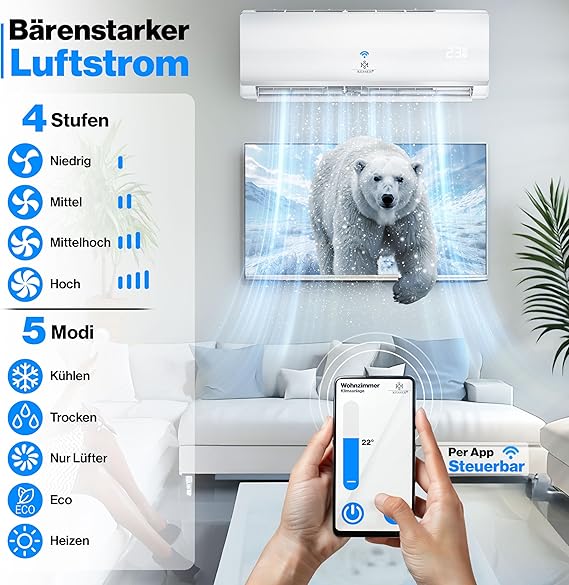 KESSER® Climatiseur SET Split WiFi/application – Refroidissement A++/chauffage A+