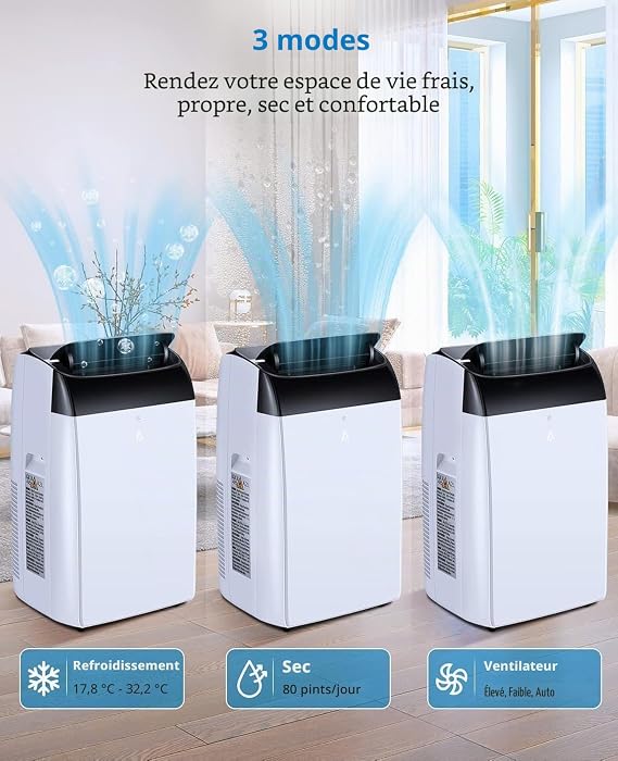 Climatisation portable 3 en 1 10000 BTU – Refroidissement, Ventilation, déshumidification – Silencieux