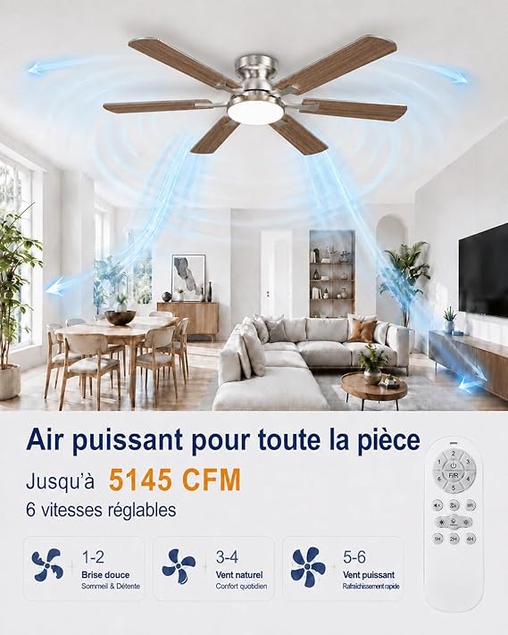 Airwit 132 cm Ventilateur de Plafond avec Lumière, Pales Double Face Bois & Argent, Silencieux pour Chambre et Salon,