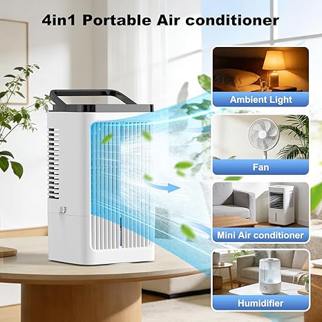 Climatiseur Mobile Silencieux, Rafraichisseur d'air avec 4 Vitesses, Oscillation à 90°, 2 Modes de Brumisation, Minuteries pour Cuisine Chambre Bureau