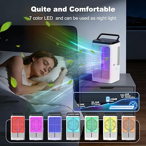 Climatiseur Mobile Silencieux, Rafraichisseur d'air avec 4 Vitesses, Oscillation à 90°, 2 Modes de Brumisation, Minuteries pour Cuisine Chambre Bureau