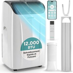aa A nouveau disponible :SereneLife Climatiseur Portable 12 000 BTU – Clim Mobile 4 en 1 Silencieuse avec WiFi
