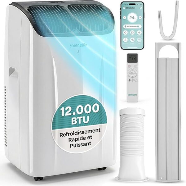 A nouveau disponible :SereneLife Climatiseur Portable 12 000 BTU – Clim Mobile 4 en 1 Silencieuse avec WiFi