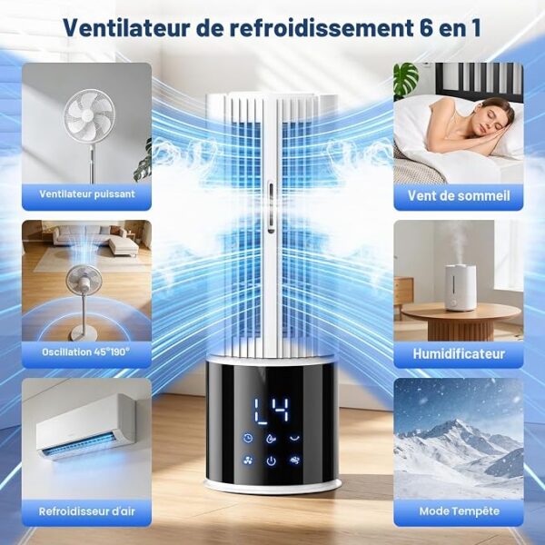 Climatiseur portable 6 en 1, ventilateur 3 vitesses, mode tempête, vent du sommeil,