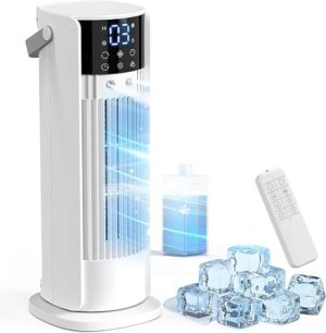 Climatiseur Mobile avec reservoir 4 en 1 rafraichisseur d'air silencieux avec 4 Vitesses, Mode Tempête, 2 Modes de pulvérisation, Minuterie et Oscillation à 90° pour Chambre et Bureau