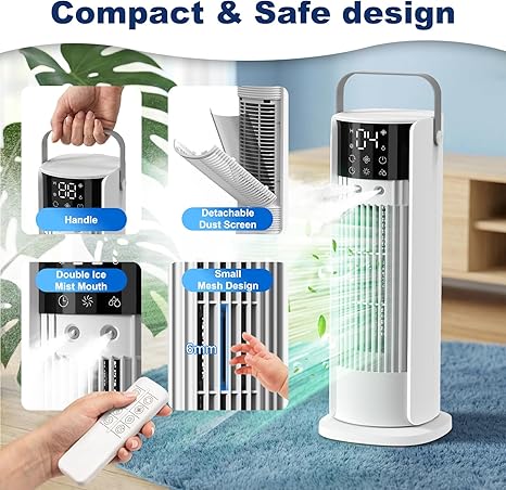 Climatiseur Mobile avec reservoir 4 en 1 rafraichisseur d'air silencieux avec 4 Vitesses, Mode Tempête, 2 Modes de pulvérisation, Minuterie et Oscillation à 90° pour Chambre et Bureau