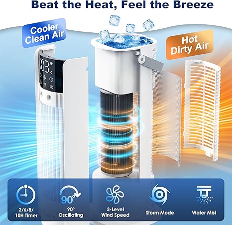 Climatiseur Mobile avec reservoir 4 en 1 rafraichisseur d'air silencieux avec 4 Vitesses, Mode Tempête, 2 Modes de pulvérisation, Minuterie et Oscillation à 90° pour Chambre et Bureau