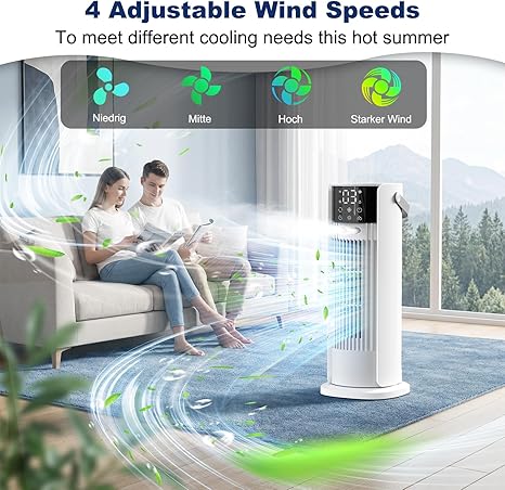 Climatiseur Mobile avec reservoir 4 en 1 rafraichisseur d'air silencieux avec 4 Vitesses, Mode Tempête, 2 Modes de pulvérisation, Minuterie et Oscillation à 90° pour Chambre et Bureau
