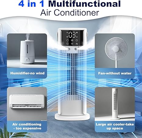 Climatiseur Mobile avec reservoir 4 en 1 rafraichisseur d'air silencieux avec 4 Vitesses, Mode Tempête, 2 Modes de pulvérisation, Minuterie et Oscillation à 90° pour Chambre et Bureau